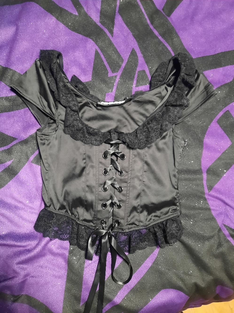 Black Lace-Up Satin Crop Top with Lace Trim